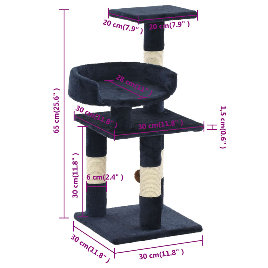 Kompakter Kratzbaum für Katzen mit Sisalsäulen, Plattformen und Spielball - 65cm