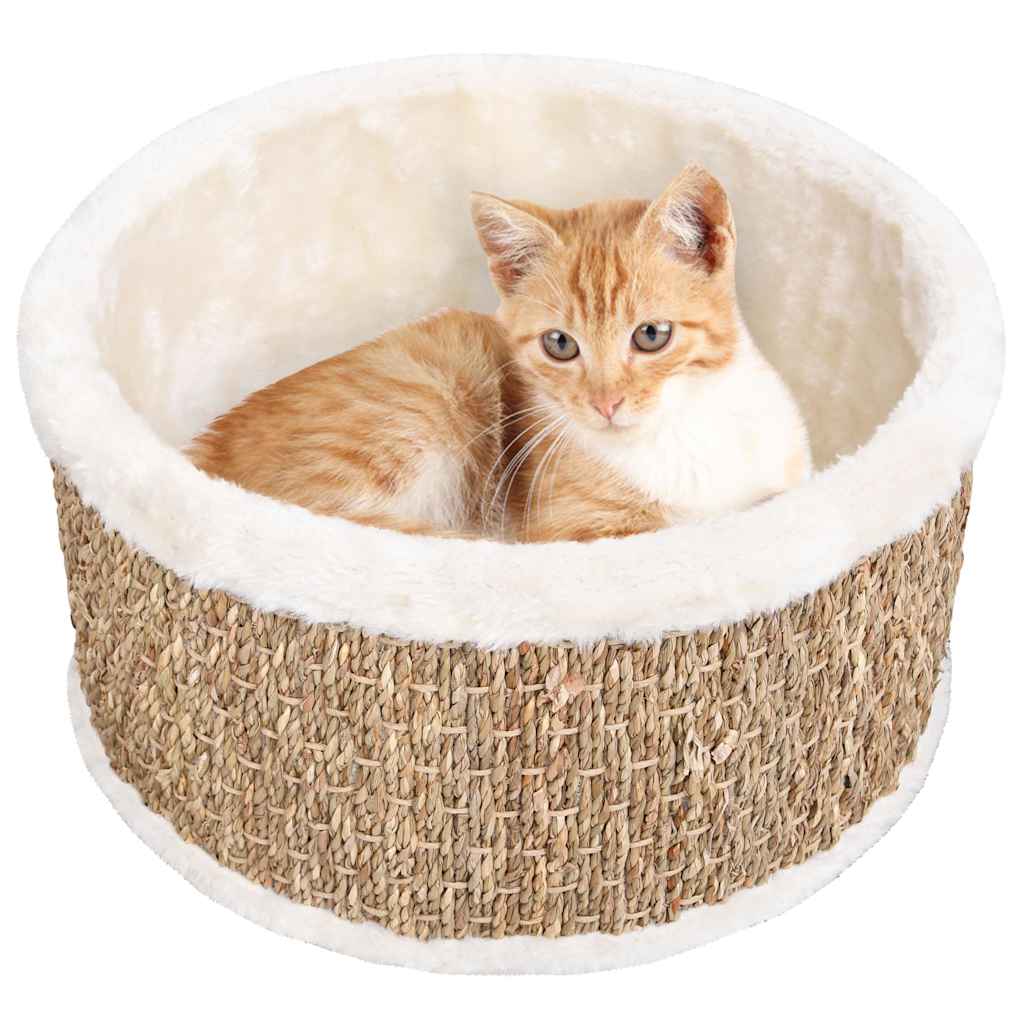 Kleiner Katzenkorb mit Plüschpolster und Seegrasrand - Katzenbett - Katzenmöbel