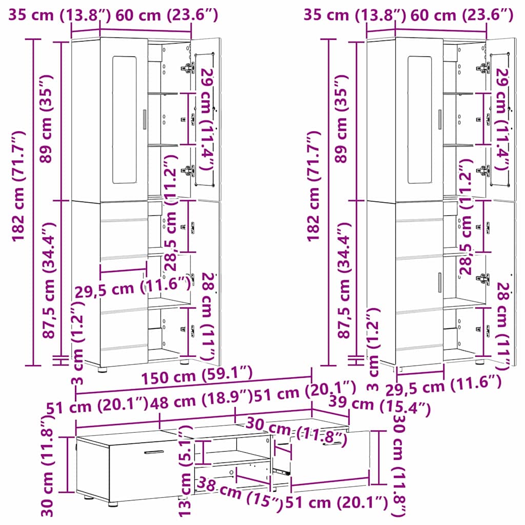 TV-Schrankset - 2 Hochränke / Highboard - Lowboard - Vitrinenschrank - 3-tlg Set