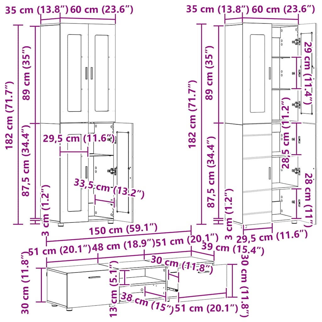 TV-Schrankset - 2 Hochränke / Highboard - Lowboard - Vitrinenschrank - 3-tlg Set