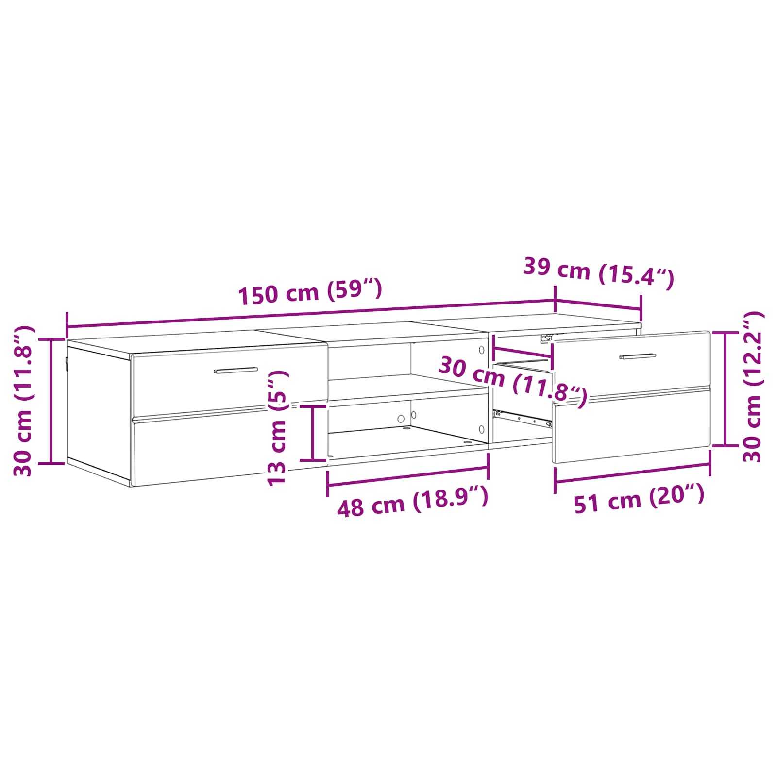 Wandmontiertes Lowboard - Holzschrank - Wandschrank - 2 Schubladen - 150 cm