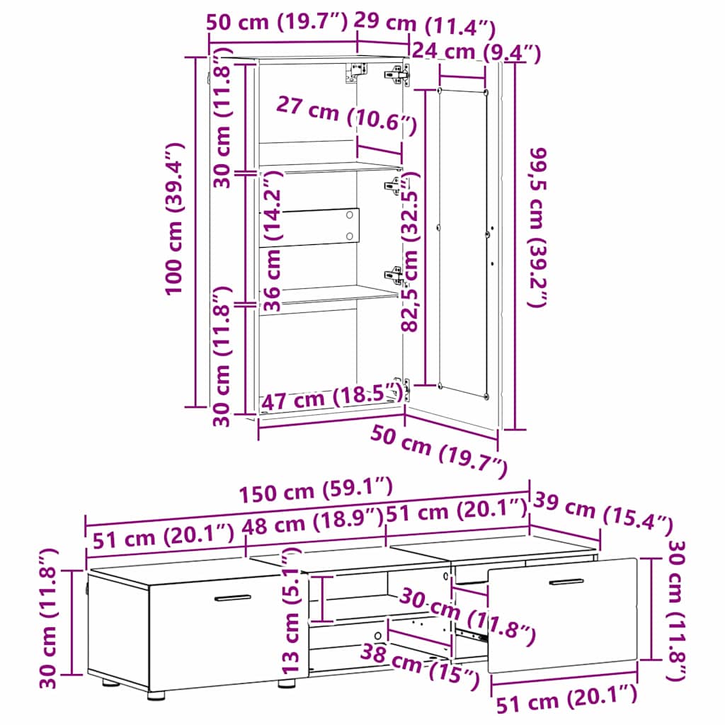 TV-Schrankset - Lowboard - Wandschrank mit Glastüren - Fersehmöbel - 2-teilig