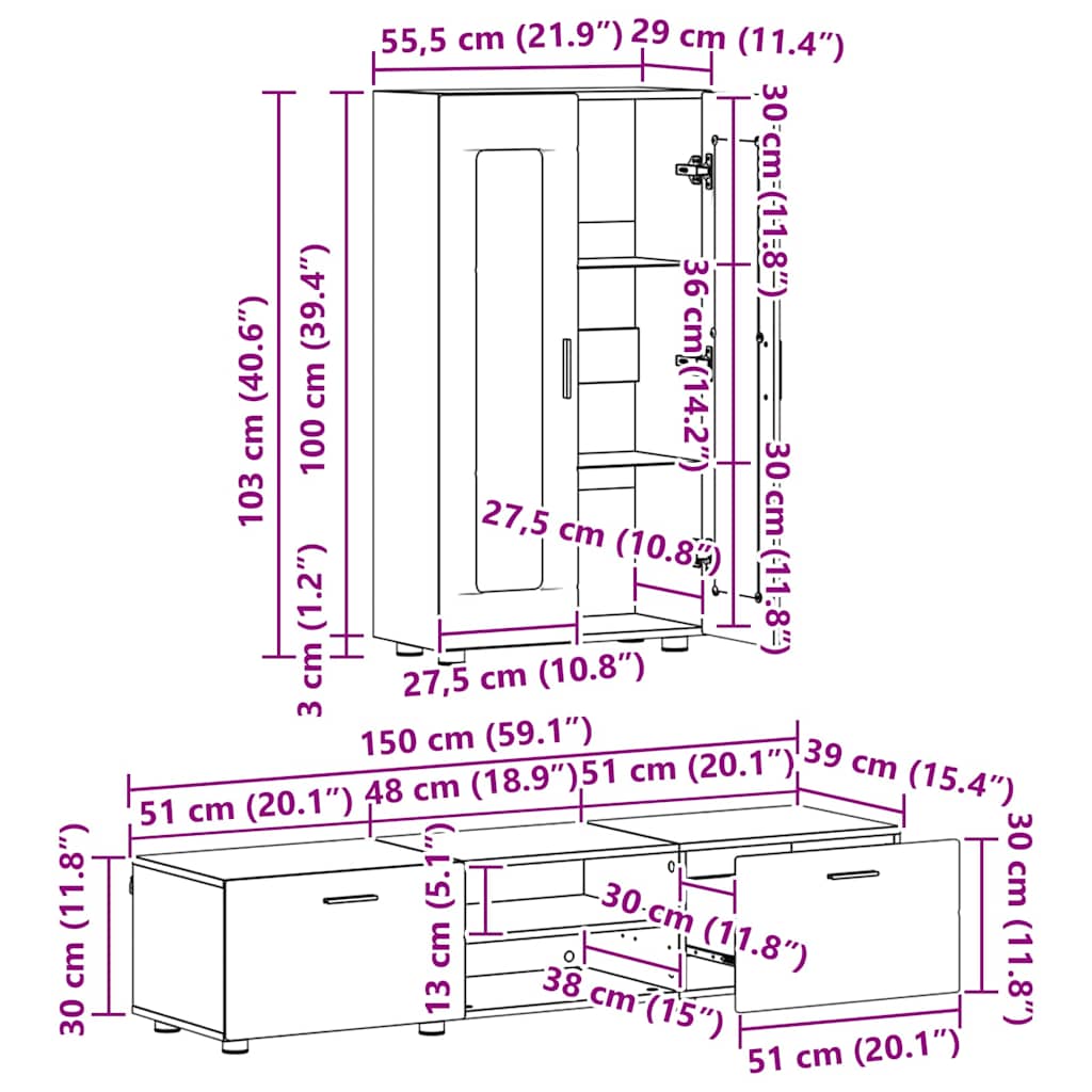 TV-Schrankset - Lowboard - Vitrine mit Glastüren - Fersehmöbel - 2-tlg Möbelset