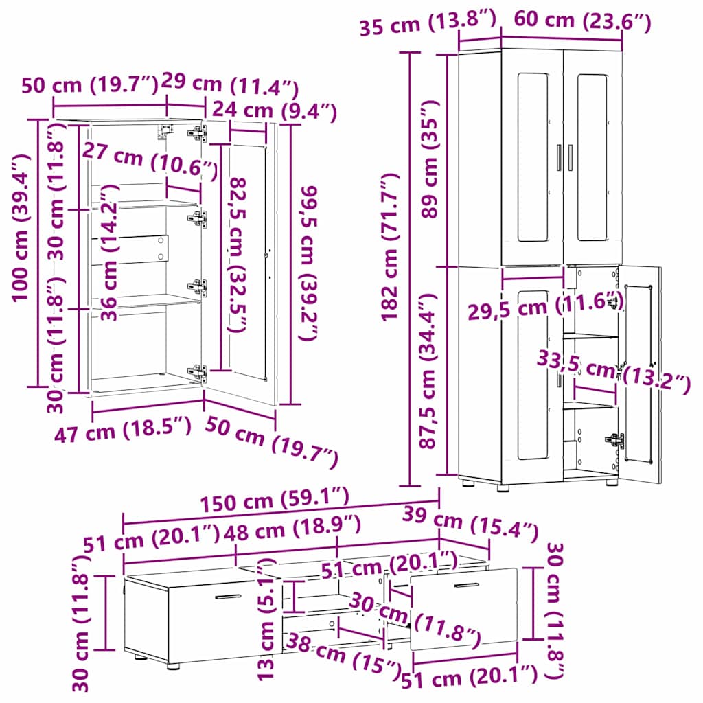 TV-Schrankset - Highboard - Wandschrank - Vitrine - Fernsehmöbel - 3er Möbelset