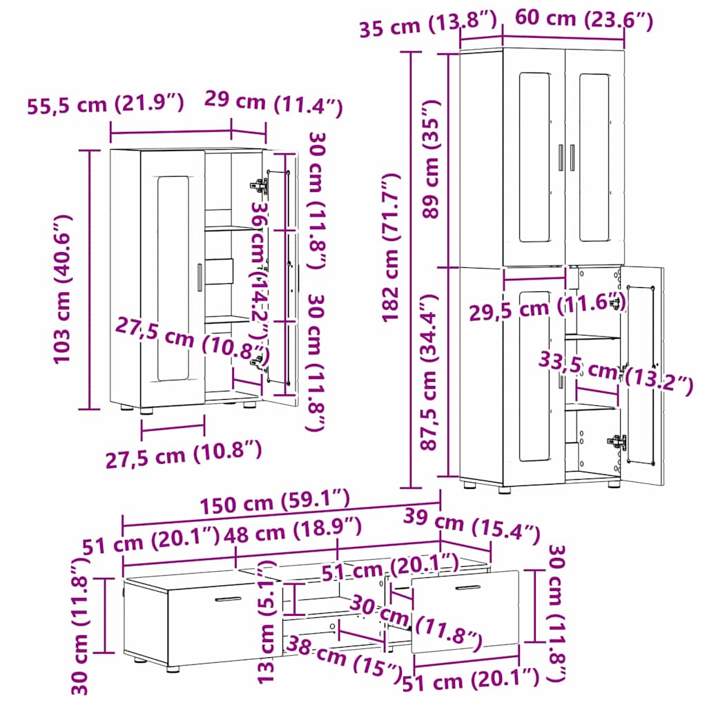 TOP Wohnwand - Vitrinenschrank - Highboard - TV-Schrankset - Lowboard - 182 cm