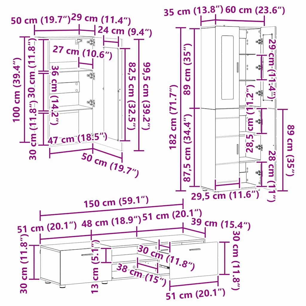 Wohnwand - Vitrinenschrank - Highboard - TV-Schrankset - Lowboard - Wandschrank
