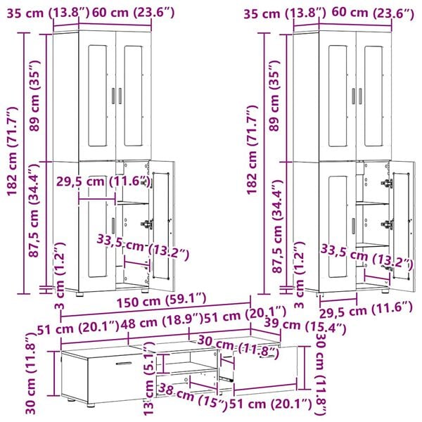 TV-Schrankset - 2 Hochränke / Highboard - Lowboard - Vitrinenschrank - 3-tlg Set