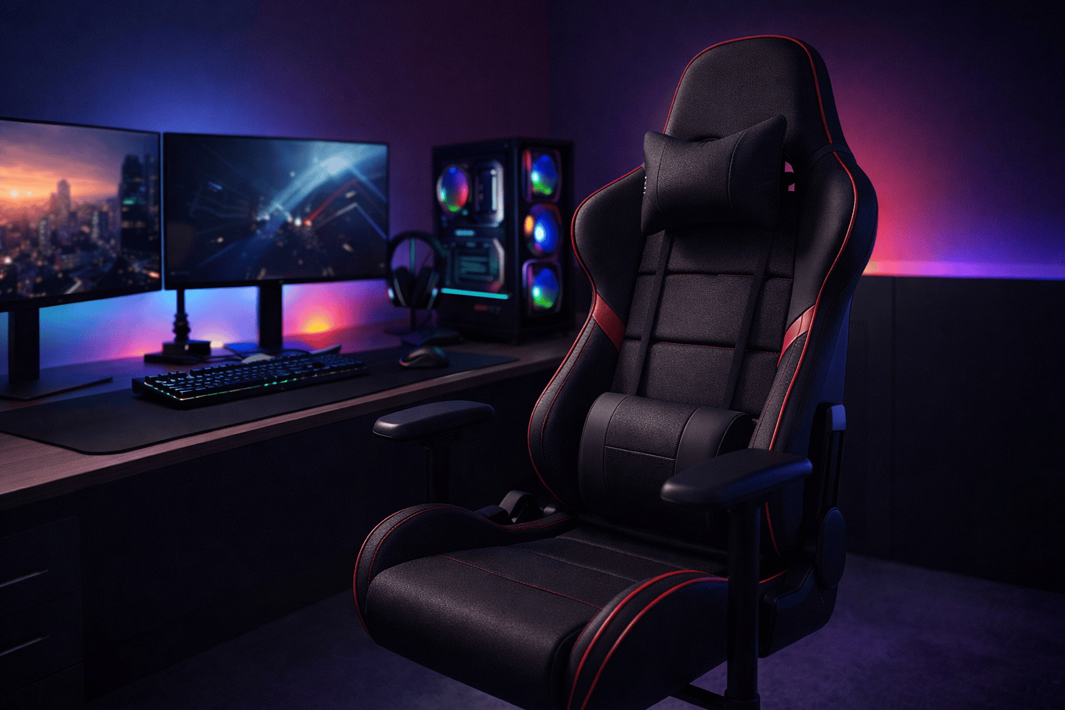 Moderner Gaming-Arbeitsplatz mit beleuchtetem Setup