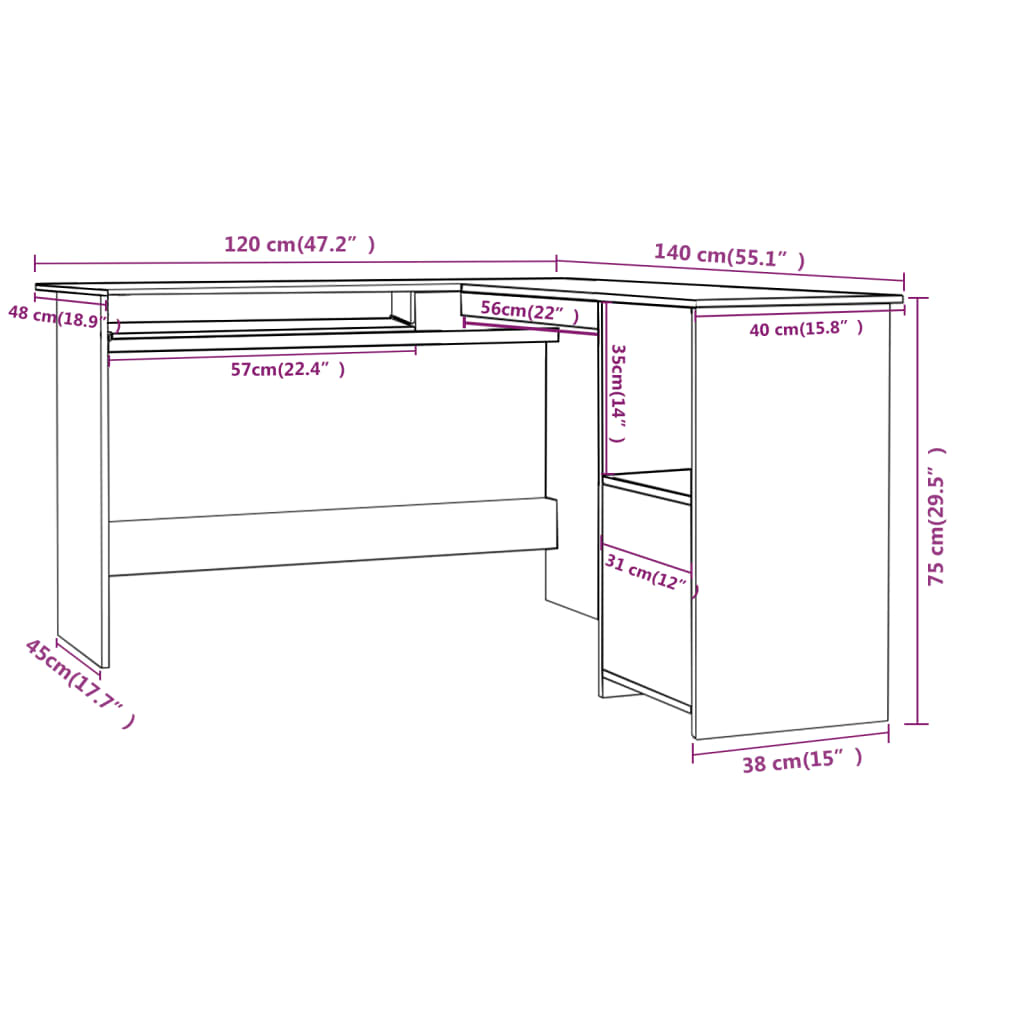 Eckschreibtisch - Winkelschreibtisch - Schreibtisch - Bürotisch - 120x140x75 cm