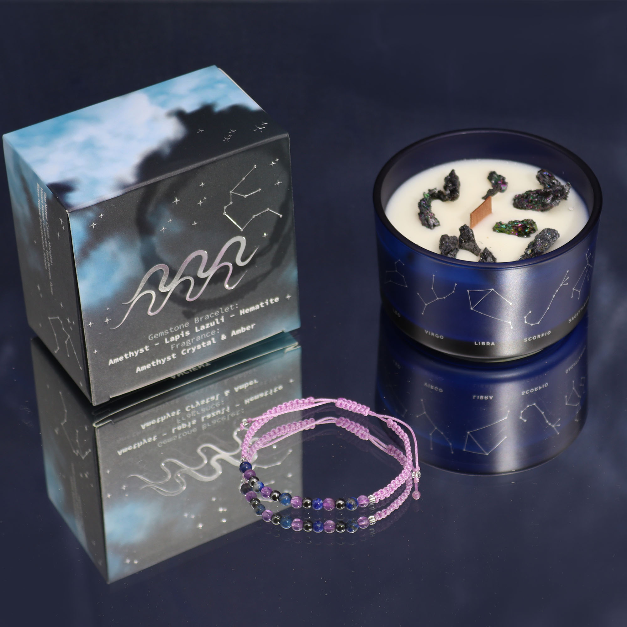 Sternzeichen-Duftkerze mit individuellen Edelsteinen und Armband - Geschenkidee
