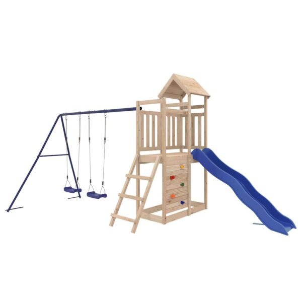 Großer Holz Spielturm mit Rutsche, Doppelschaukel & Kletterwand für aktive Kids